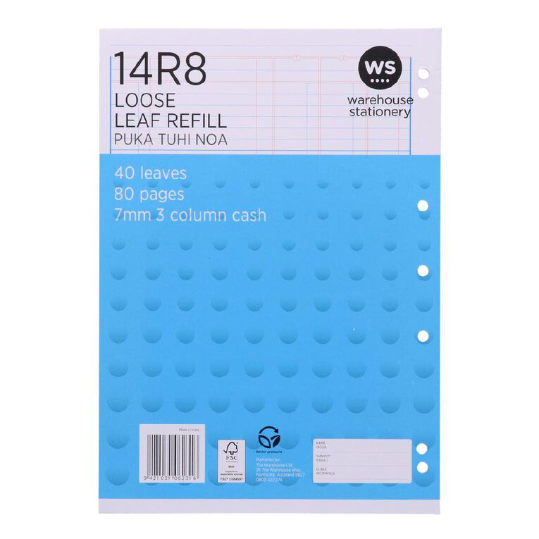 WS Pad Refill 14R8 7mm 3 Column Cash Ruled 40 Leaf Punched Blue
