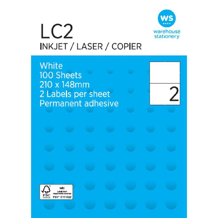 WS Labels 100 Sheets A4  2 x 210 x 147mm