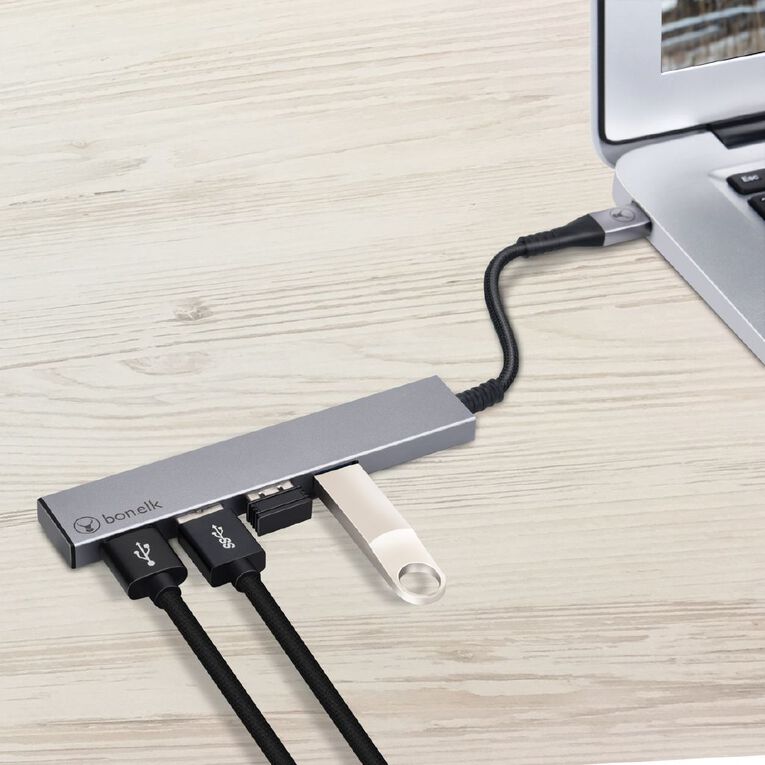 Bonelk Long Life USB C to 4 Port USB 3.0 Slim Hub Space Grey Grey