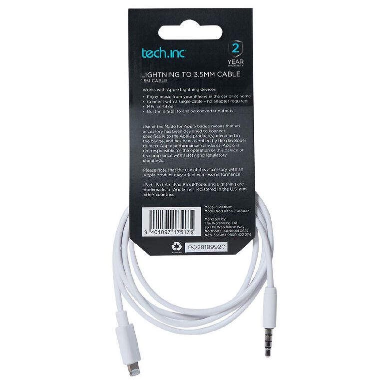 Tech.Inc Lightning to 3.5mm AUX Cable 1.5m White