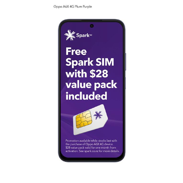 OPPO A6x 4G 4GB + 128GB with Spark $28 Value Pack Sim Bundle Plum Purple