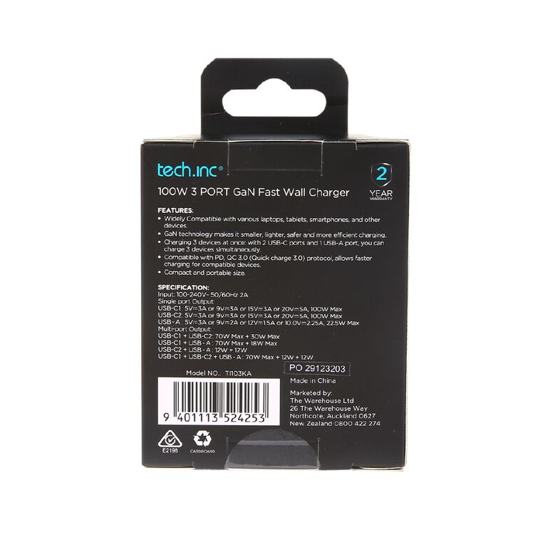 Tech.Inc 100W Gan 3 Port USB with Charger
