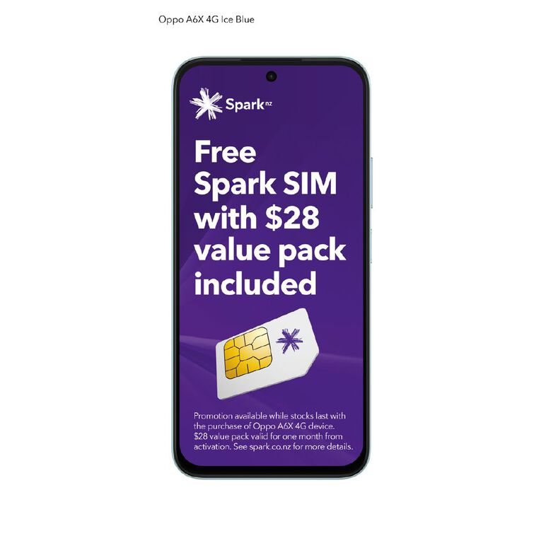 OPPO A6x 4G 4GB + 128GB with Spark $28 Value Pack Sim Bundle Ice Blue