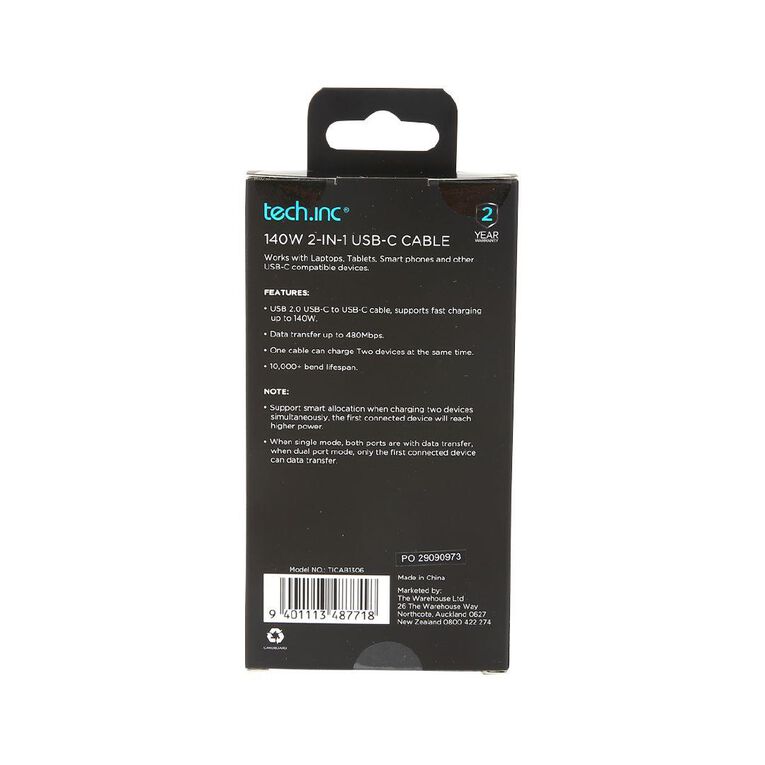 Tech.Inc 140W 2in1 USB-C Cable 1m Black