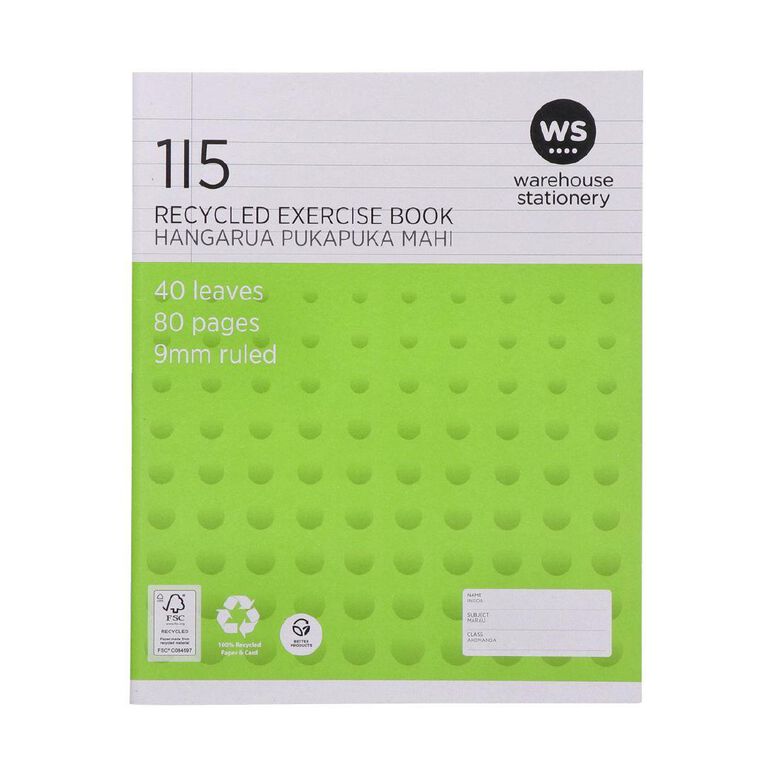 WS Exercise Book 1I5 9mm Ruled 40 Leaf Green