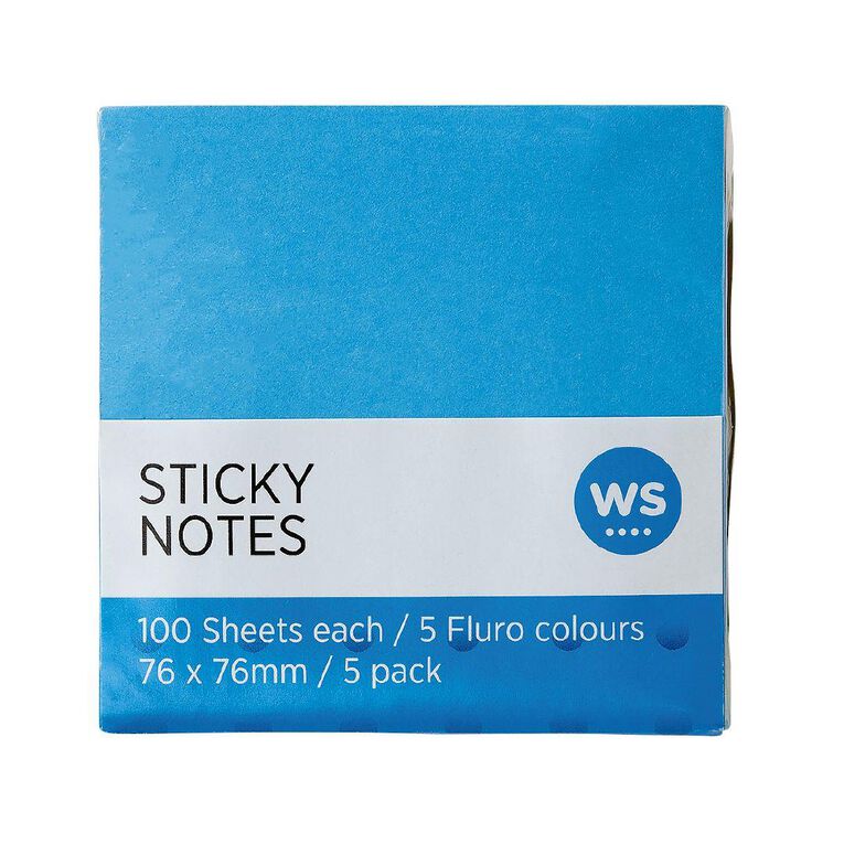 WS Sticky Notes 76mm x 76mm 100 Sheet 5 Pack Multi-Coloured