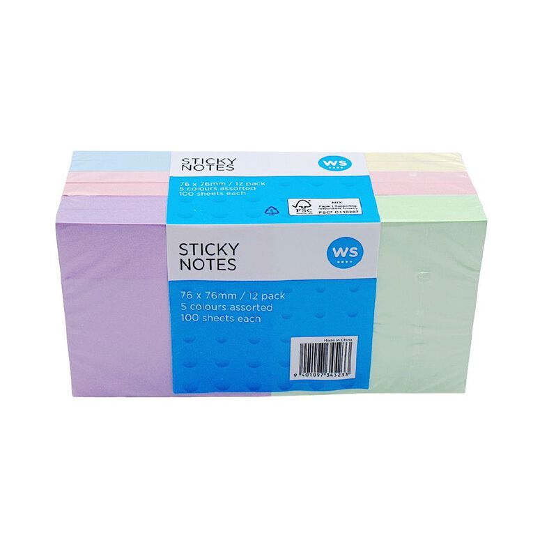WS Sticky Notes 76mm x 76mm Multi-Coloured 12 Pack