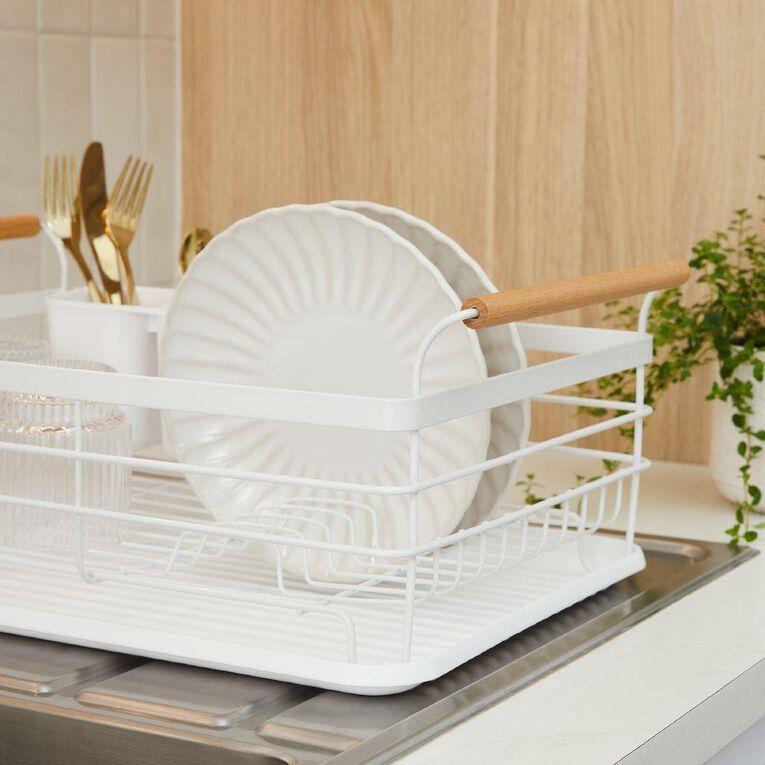 Living & Co Dish Rack with Wooden Handles White