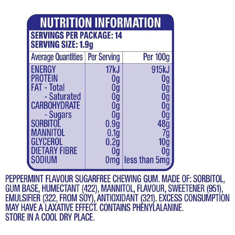 Extra Peppermint Chewing Gum Sugar Free 14 Piece 27g