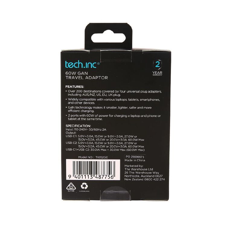 Tech.Inc 60W Gan Travel Adaptor White