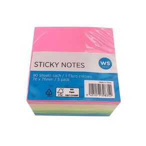WS Sticky Notes 76mm x 76mm Multi-Coloured 90 Sheet 5 Pack