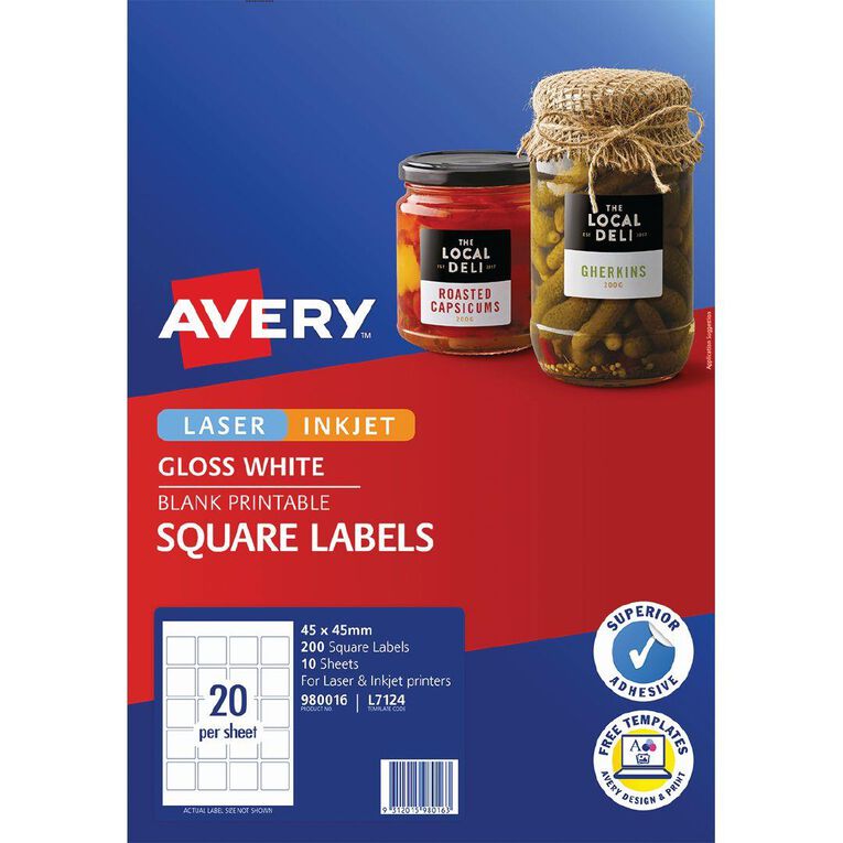 Avery Gloss Square Labels 200 Labels White 45mm x 45mm