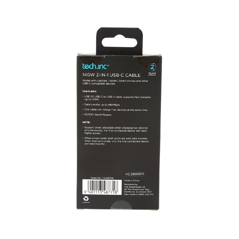 Tech.Inc 140W 2in1 USB-C Cable 1m Black