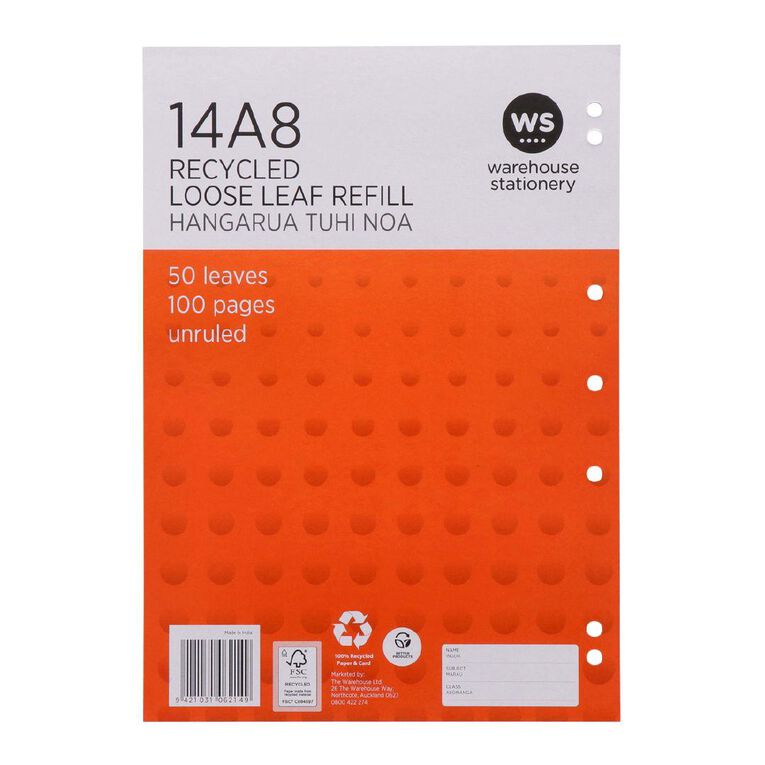 WS Pad Refill 14A8 Blank 50 Leaf Punched Orange