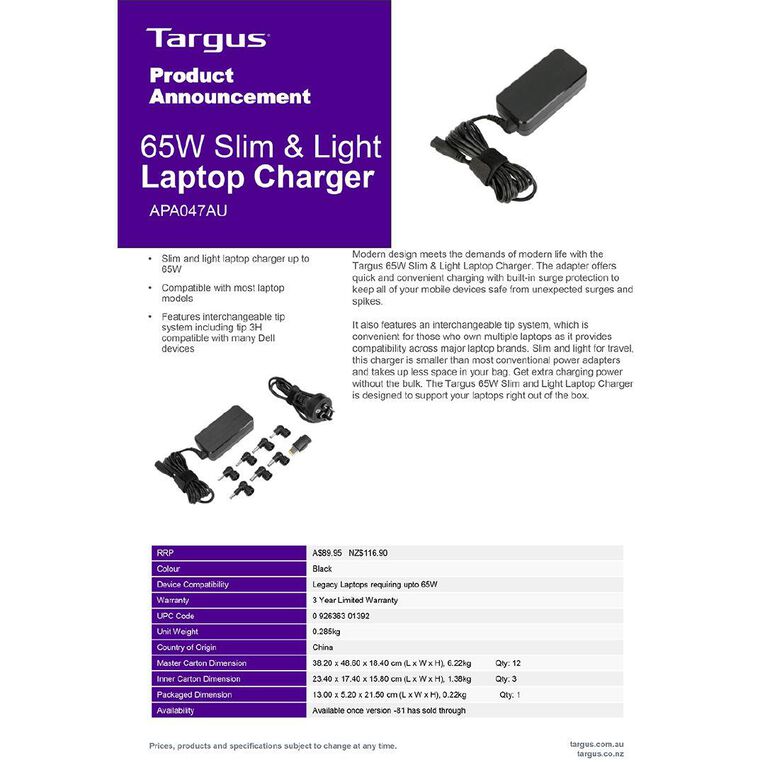 Targus 65W Slim Light Laptop Charger