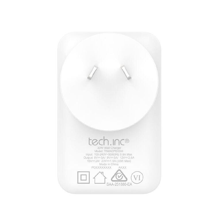 Tech.Inc PD 30W Wall Charger with Right Angle AU Plug TIWACPD30W