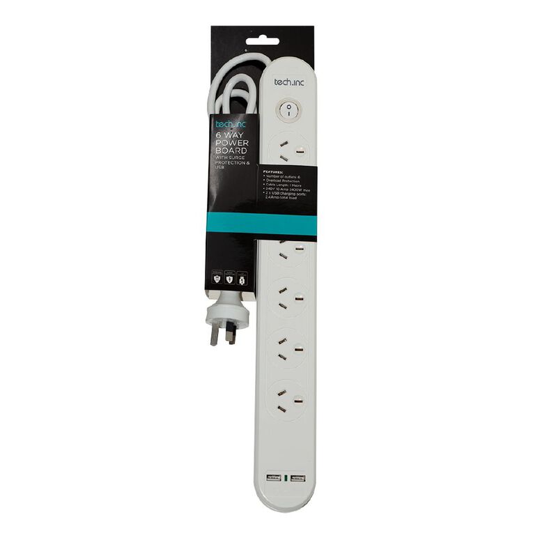 Tech.Inc 6 Way Powerboard with Surge Protection & USB