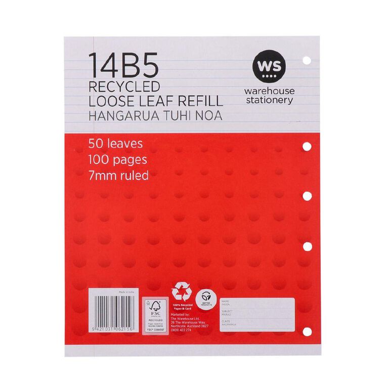 WS Pad Refill 14B5 7mm Ruled 50 Leaf Red