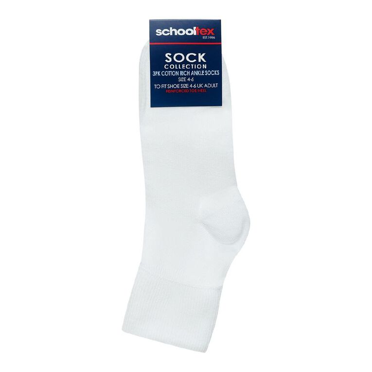 Schooltex 3 Pack Cotton Socks White 4 07-09