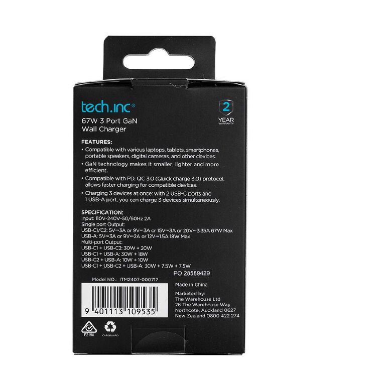 Tech.Inc 67W GAN Triple USB Wall Charger