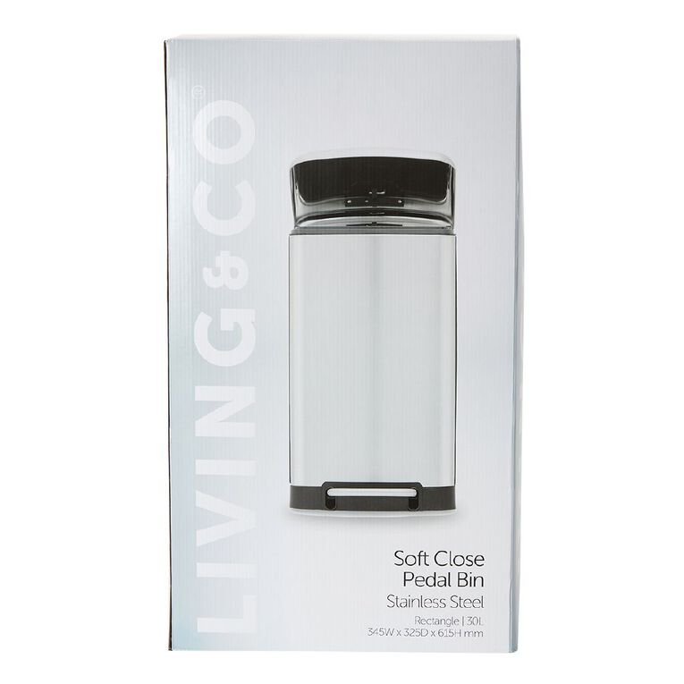 Living & Co Soft Close Pedal Bin Stainless Steel Rectangle Silver 30L