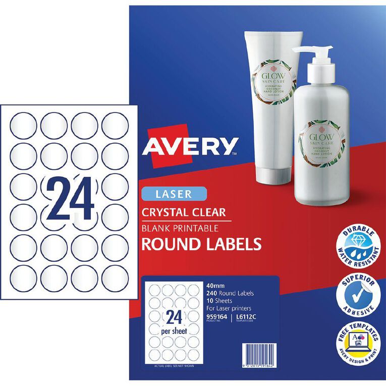 Avery Crystal Clear Round Multi-purpose Labels 40mm diameter 240 labels