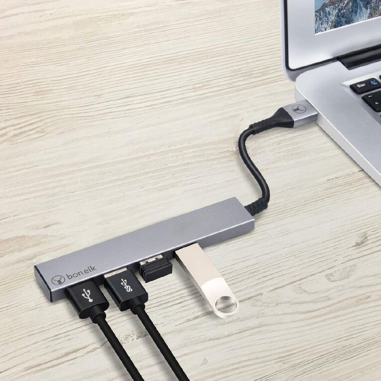 Bonelk Long Life USB A to 4 Port USB 3.0 Slim Hub Space Grey Grey