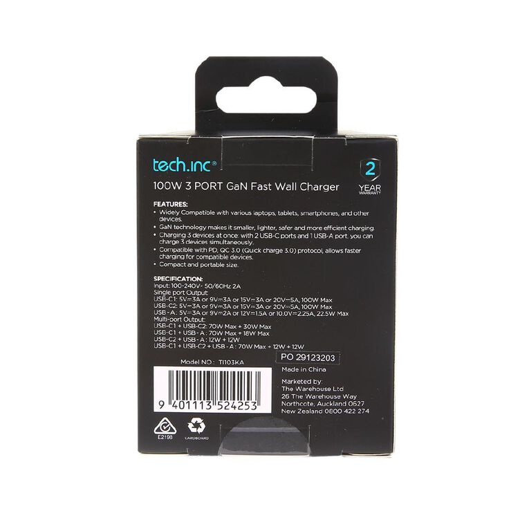Tech.Inc 100W Gan 3 Port USB with Charger