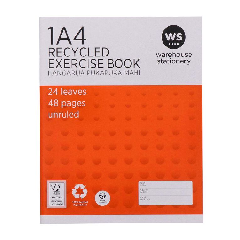 WS Exercise Book 1A4 Unruled 24 Leaf Orange
