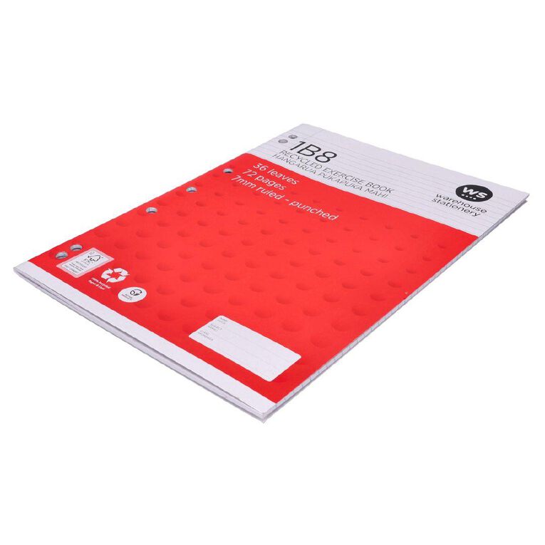 WS Exercise Book 1B8 7mm Ruled 36 Leaf Punched Red