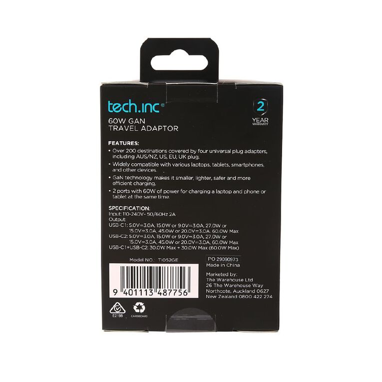 Tech.Inc 60W Gan Travel Adaptor White