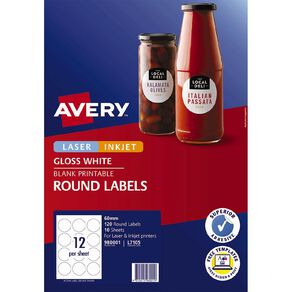 Avery Round Glossy 120 Labels White 60mm diameter