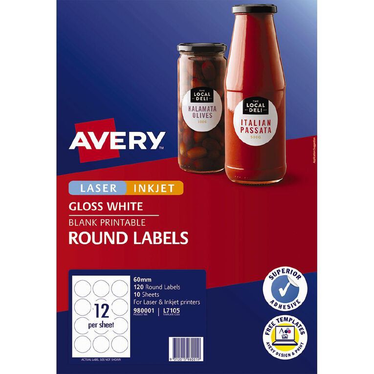 Avery Round Glossy 120 Labels White 60mm diameter