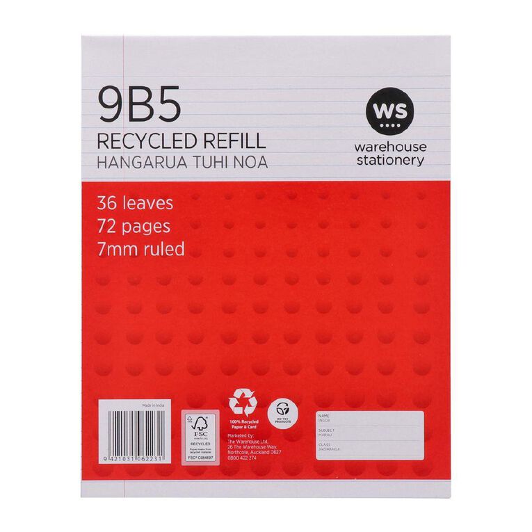 WS Pad Refill 9B5 7mm Ruled 36 Leaf Red