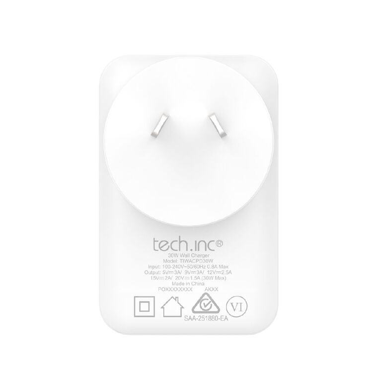 Tech.Inc PD 30W Wall Charger with Right Angle AU Plug TIWACPD30W
