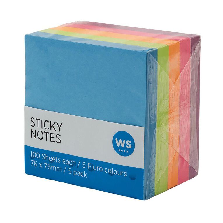 WS Sticky Notes 76mm x 76mm 100 Sheet 5 Pack Multi-Coloured