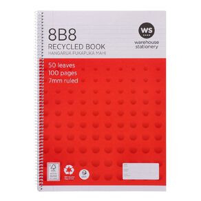 WS Exercise Book 8B8 7mm Ruled Spiral 50 Leaf Wiro Red