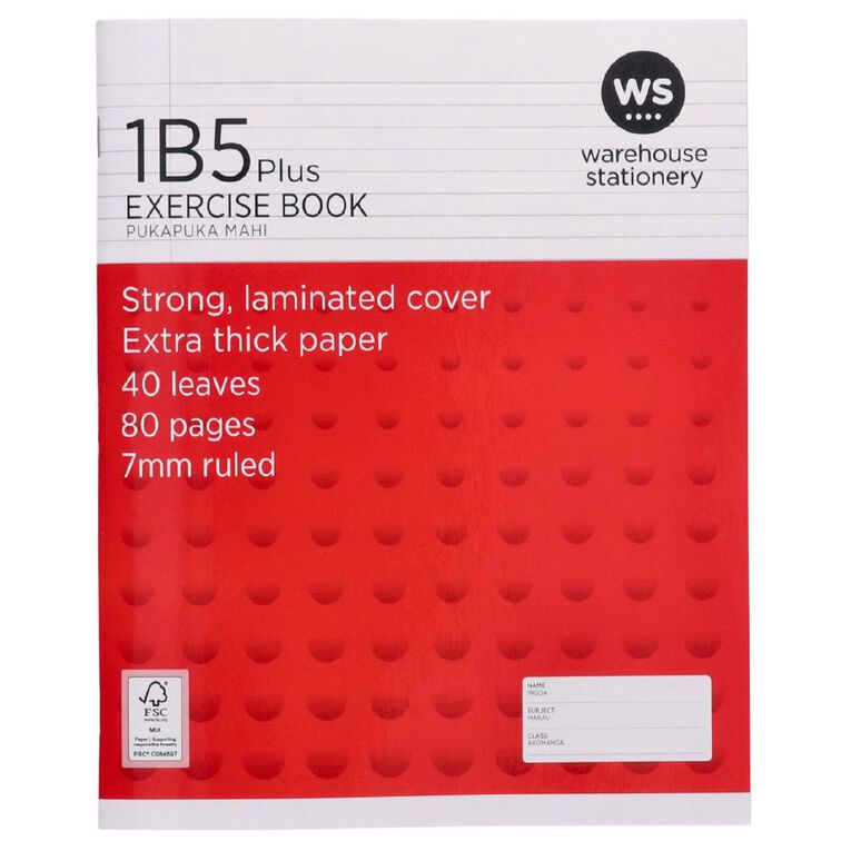 WS Exercise Book 1B5 Plus 7mm Ruled 40 Leaf Red