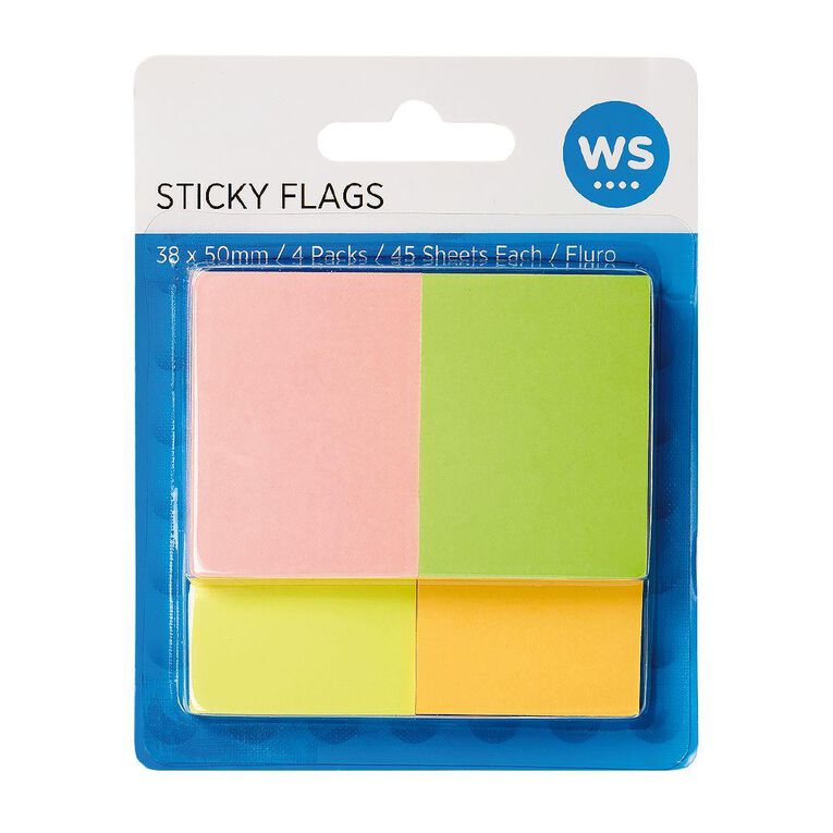WS Fluoro Sticky Notes 38mm x 50mm 45 Sheet 4 Pack Multi-Coloured