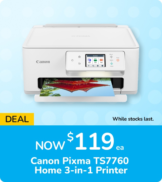 H1: Canon Pixma TS7760 printer H2:$119 T&Cs: While stock lasts