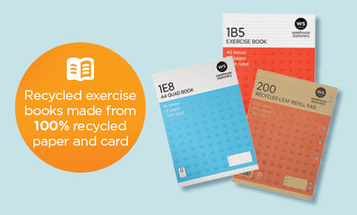 Recycled exercise books made from 100% recycled paper and card