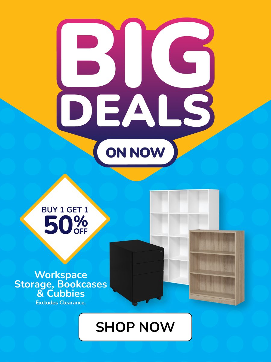 H1: Buy 1 get 1 HALF PRICE H2: Workspace Storage, Bookcases, & Cubbies CTA:Shop Now T&Cs Apply: Excludes Clearance