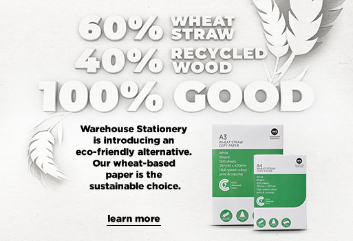 Warehouse Stationery is introducing an eco-friendly alternative. Our wheat-based paper is the sustainable choice. Learn more.