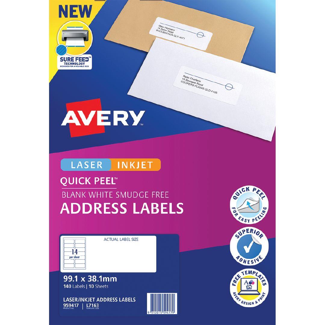 Avery Quick Peel Address Labels with Sure Feed 99.1 x 38.1 mm 140 Labels | Warehouse Stationery, NZ