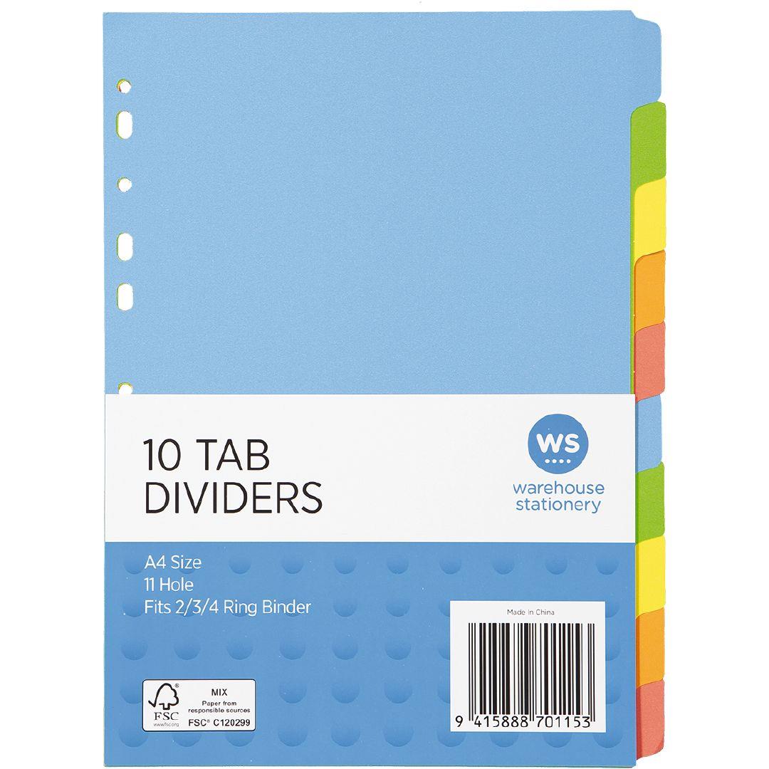 WS Dividers Cardboard 10 Tab A4 Warehouse Stationery, NZ