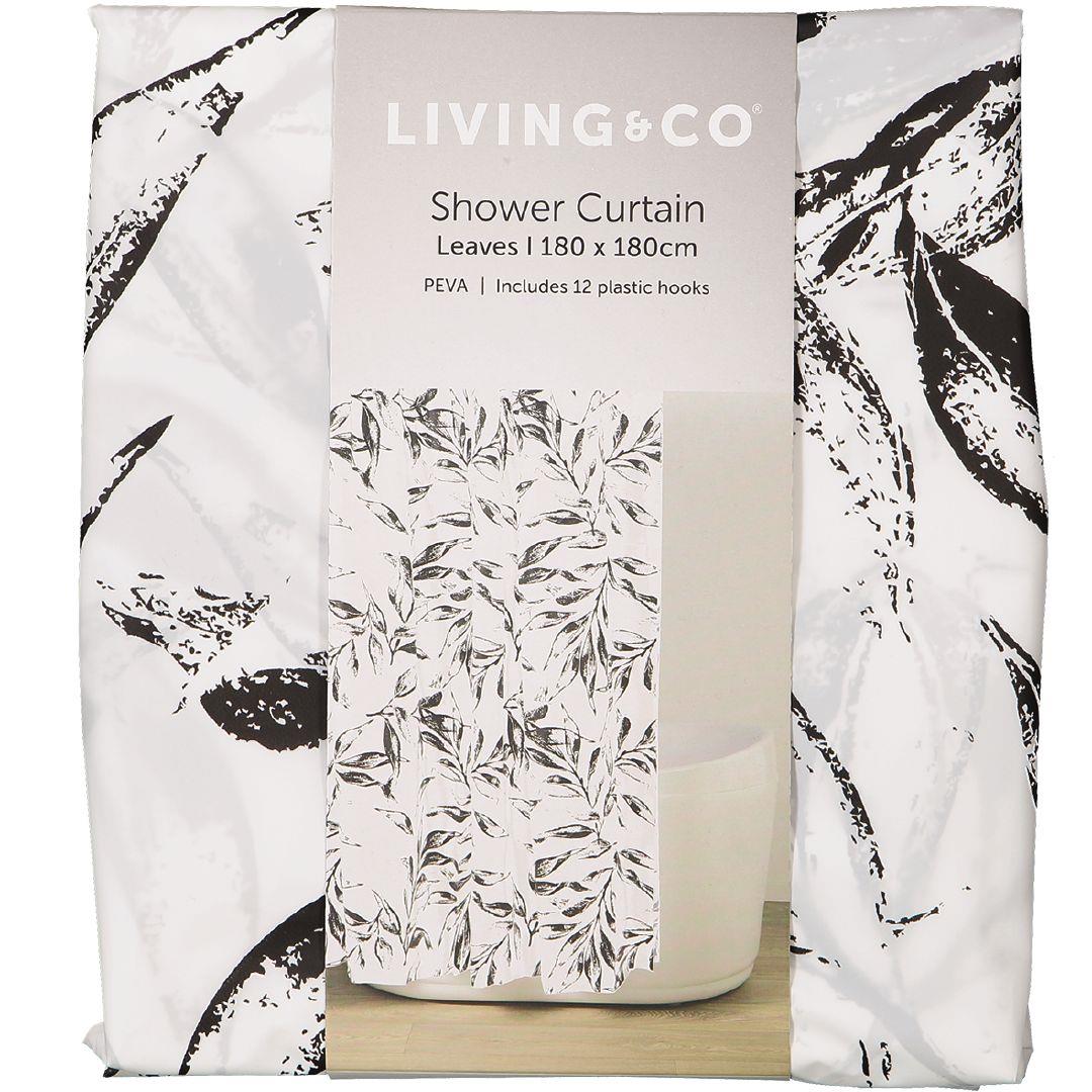 Living & Co Shower Curtain PEVA Leaves White/Black 180cm x 180cm