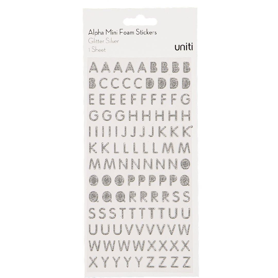 Uniti Alphabet Foam Stickers Mini Glitter Silver | Warehouse Stationery, NZ